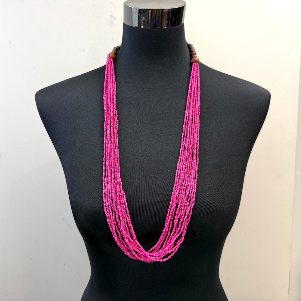 Pink Seed Bead Multi Layered Statement Necklace Wood Bead Accents Jewelry 17 in